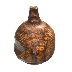 Studio Pottery Bud Vase Brown Metallic Glazed Signed Artisan Ceramic 4.5"